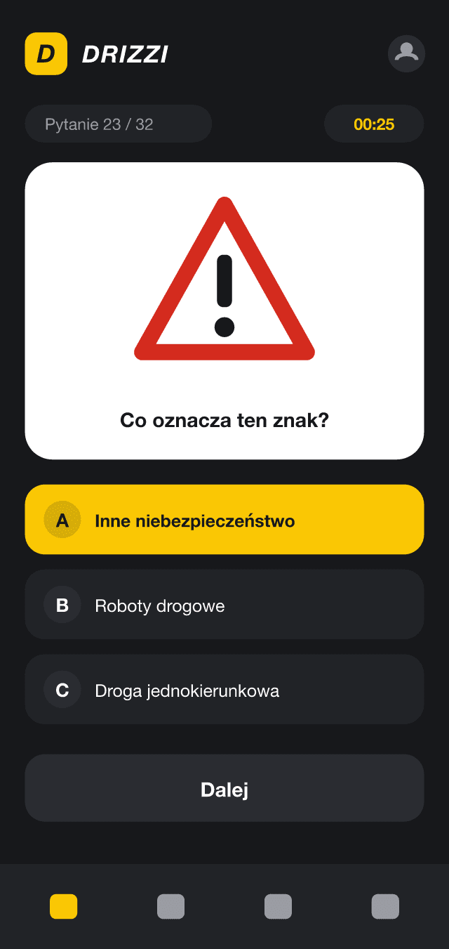 Ekran pytania egzaminacyjnego ze znakiem drogowym
